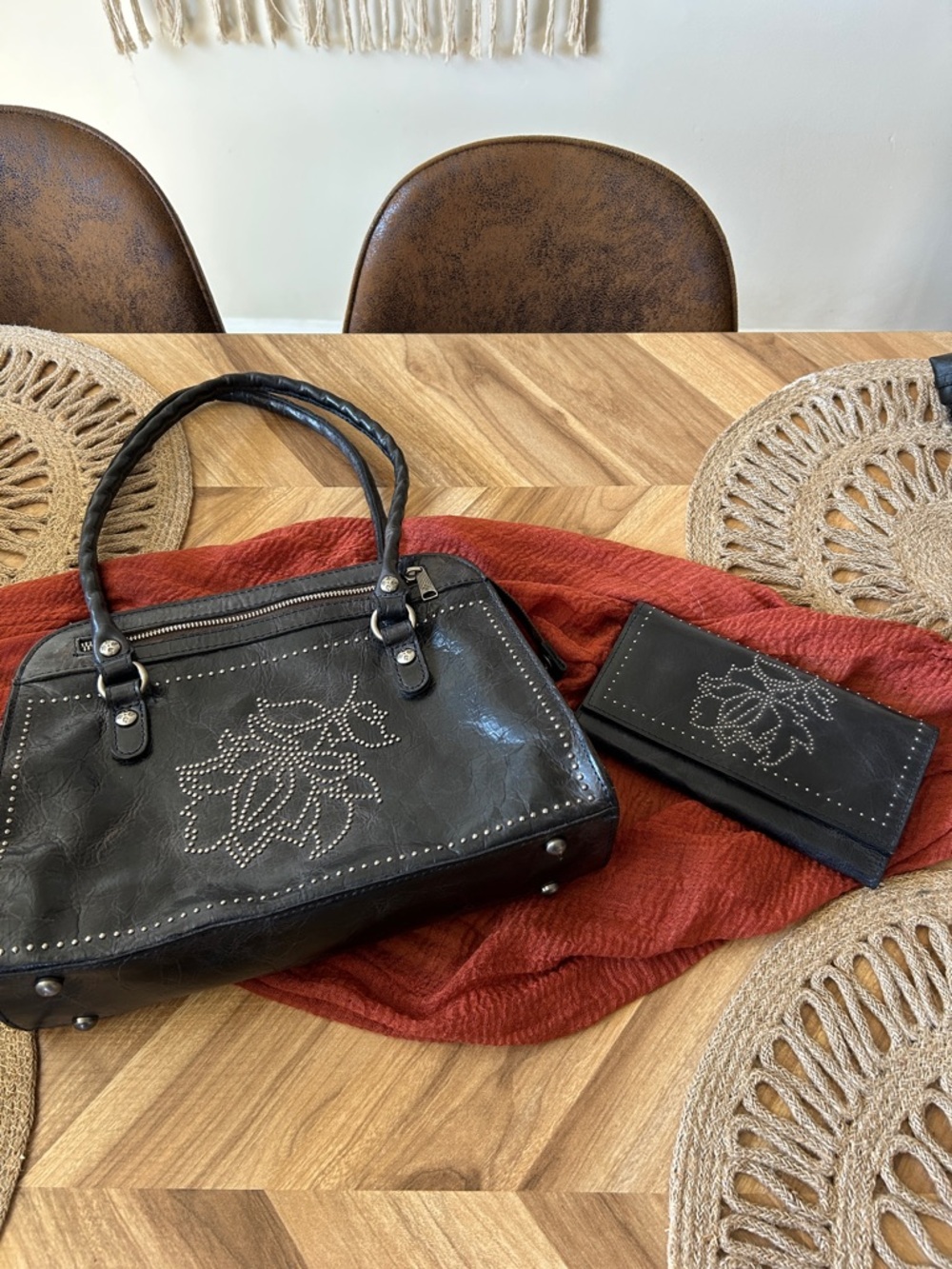 Patricia Nash Black Studded Floral Leather Satchel & Wallet